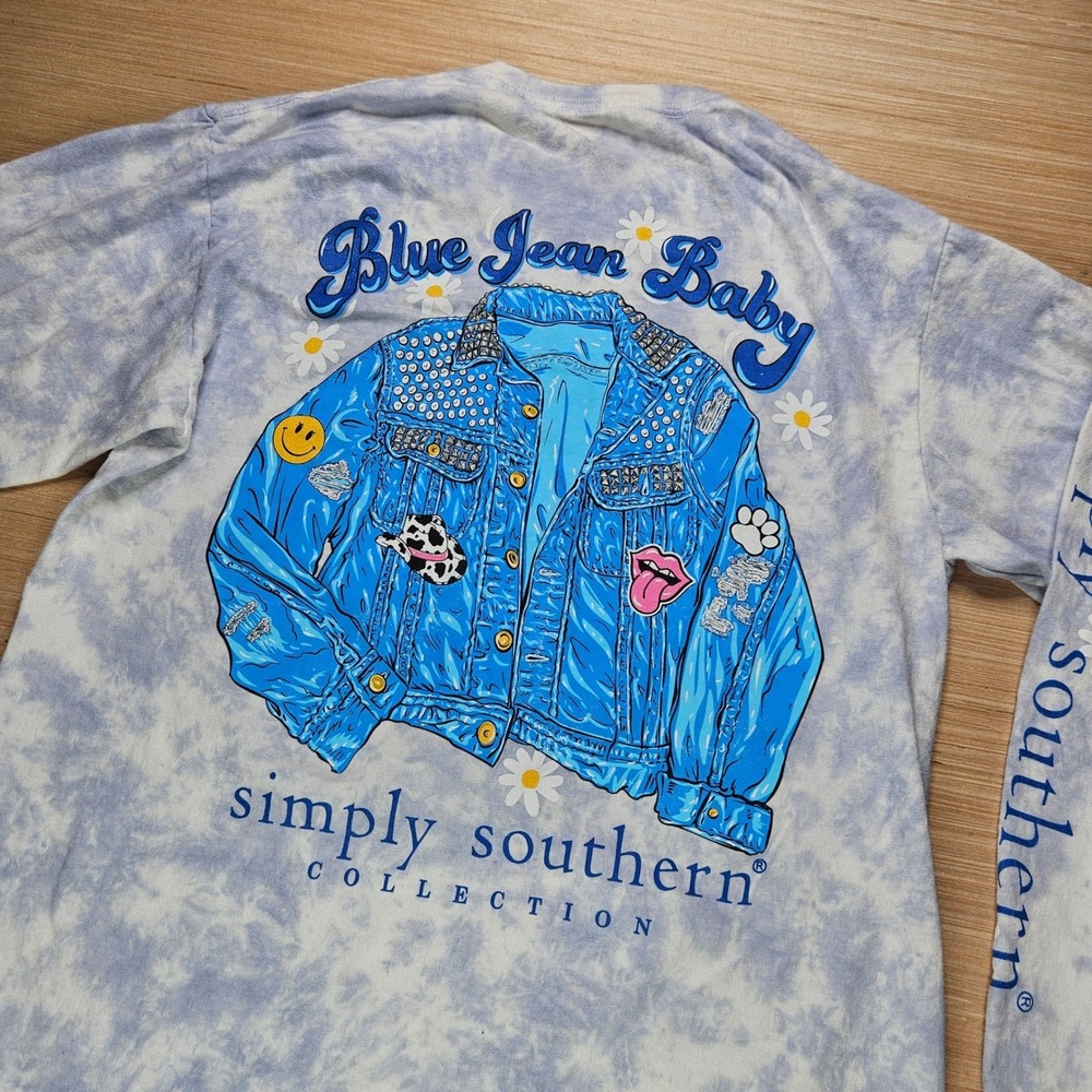 Simply Southern Blue Jean‎ Baby Long Sleeve T-Shirt M Blue Tie Dye Graphic Tee